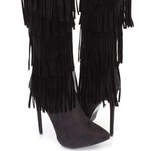 New In Box Black Fringe Tiered Heel Boots